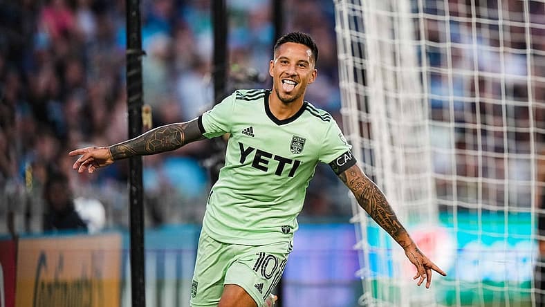 Jul 8, 2023; Saint Paul, Minnesota, USA; Austin FC forward Sebastian Driussi (10) celebrates his goal during the second half against Minnesota United at Allianz Field. Mandatory Credit: Brace Hemmelgarn-USA TODAY Sports