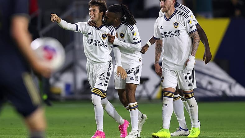 Jul 8, 2023; Carson, California, USA; Los Angeles Galaxy midfielder Riqui Puig (6) celebrates with forward Raheem Edwards (44) and midfielder Tyler Boyd (11) after scoring during the second half against the Philadelphia Union at Dignity Health Sports Park. Mandatory Credit: Jason Parkhurst-USA TODAY Sports