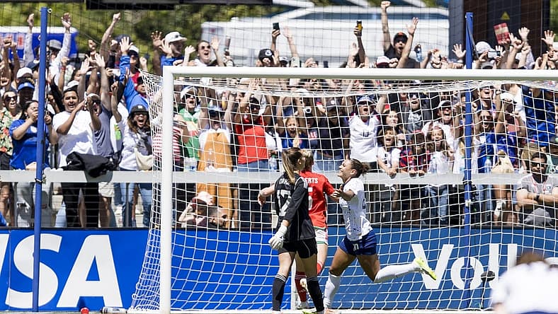 Jul 9, 2023; San Jose, California, USA; United States of America forward Trinity Rodman (20) reacts after scoring a goal against Wales during the second half at PayPal Park. Mandatory Credit: John Hefti-USA TODAY Sports
