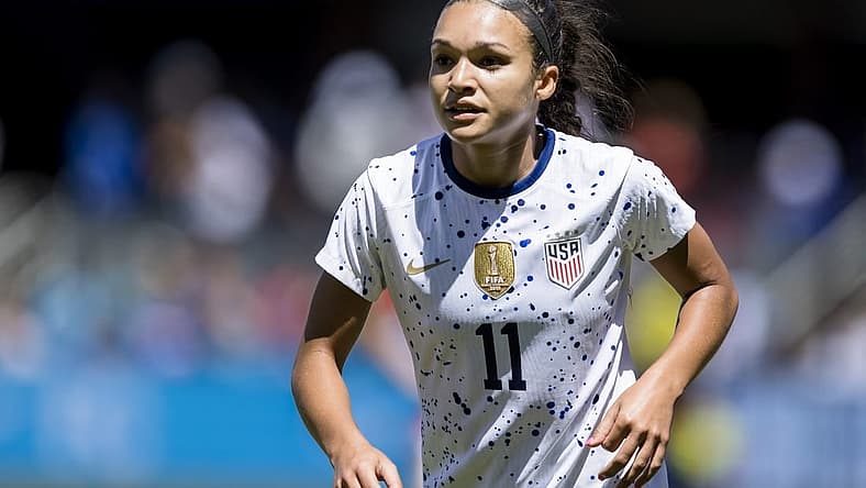 Jul 9, 2023; San Jose, California, USA;  United States of America forward Sophia Smith (11) chases the ball against Wales  the second half at PayPal Park. Mandatory Credit: John Hefti-USA TODAY Sports