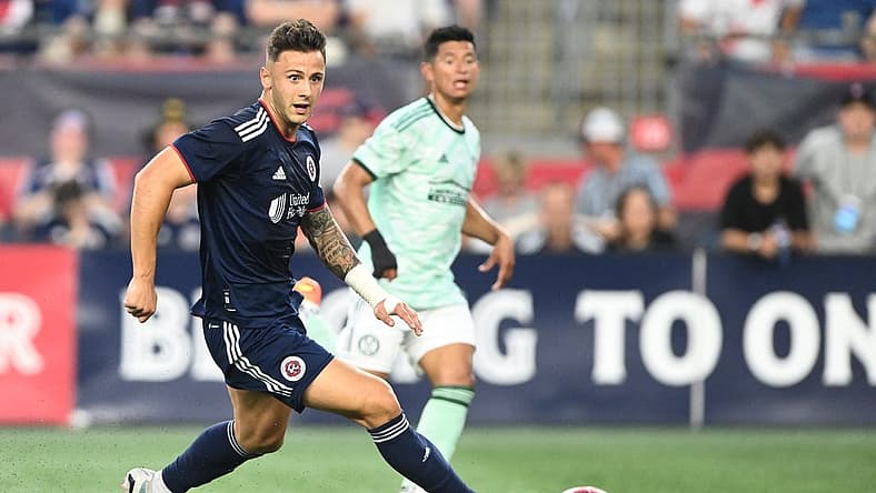 oJul 12, 2023; Foxborough, Massachusetts, USA; New England Revolution forward Giacomo Vrioni (9) passes the ball against the Atlanta United during the first half at Gillette Stadium. Mandatory Credit: Brian Fluharty-USA TODAY Sports