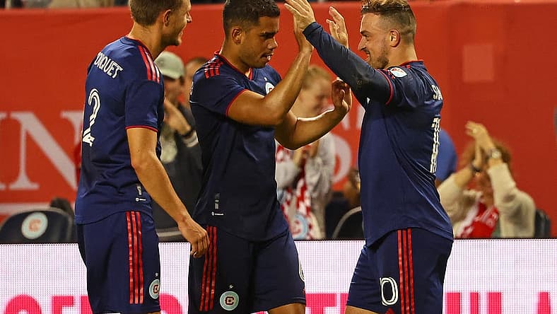 Jul 12, 2023; Chicago, Illinois, USA; Chicago Fire midfielder Xherdan Shaqiri (10) reacts after scoring a goal against the CF Montreal during the first half at Soldier Field. Mandatory Credit: Mike Dinovo-USA TODAY Sports