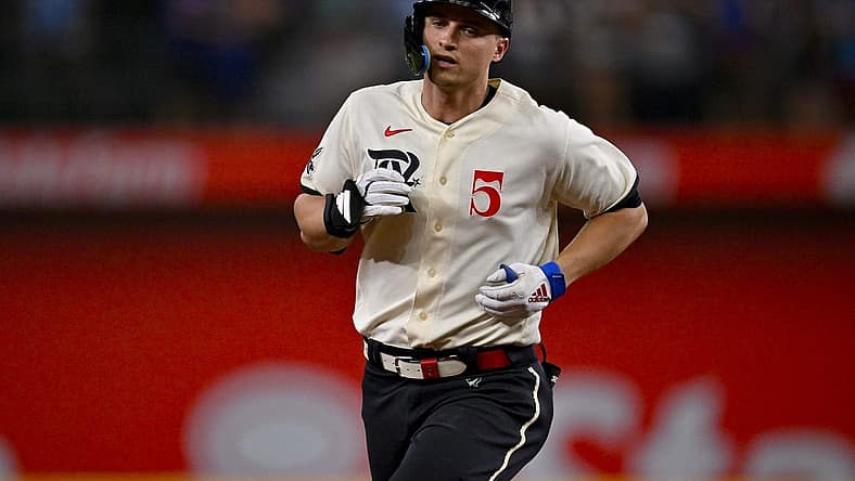 Jul 14, 2023; Arlington, Texas, USA; Texas Rangers shortstop Corey Seager (5) rounds the bases after he hits a home run against the Cleveland Guardians during the eighth inning at Globe Life Field. Mandatory Credit: Jerome Miron-USA TODAY Sports
