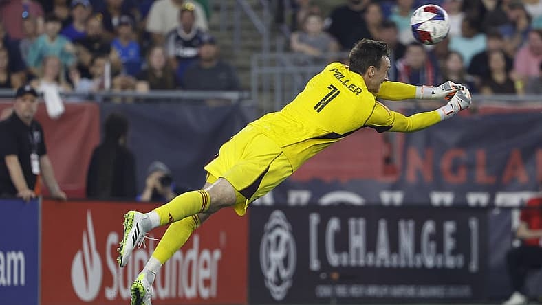 Jul 15, 2023; Foxborough, Massachusetts, USA; A header by New England Revolution forward Gustavo Bou (7) gets past D.C. United goalkeeper Tyler Miller (1) for a goal during the first half at Gillette Stadium. Mandatory Credit: Winslow Townson-USA TODAY Sports