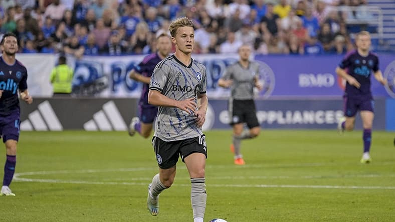 Jul 15, 2023; Montreal, Quebec, CAN; CF Montreal midfielder Bryce Duke (10) dribbles the ball during the first half at Stade Saputo. Mandatory Credit: Eric Bolte-USA TODAY Sports