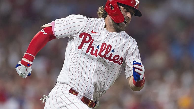 Jul 15, 2023; Philadelphia, Pennsylvania, USA; Philadelphia Phillies designated hitter Bryce Harper (3) runs the bases after hitting a double during the fifth inning against the San Diego Padres at Citizens Bank Park. Mandatory Credit: Bill Streicher-USA TODAY Sports
