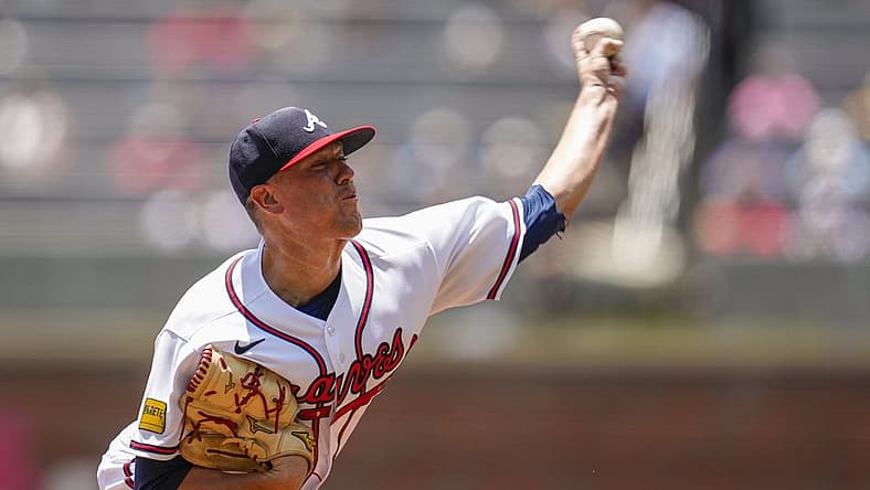 Jul 16, 2023; Cumberland, Georgia, USA; Atlanta Braves starter pitcher Kolby Allard (49) pitches against the Chicago White Sox during the first inning at Truist Park. Mandatory Credit: Dale Zanine-USA TODAY Sports