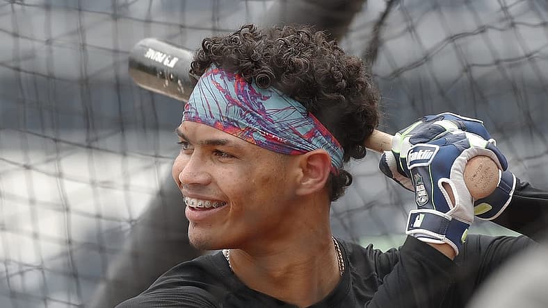 Jul 17, 2023; Pittsburgh, Pennsylvania, USA;  Pittsburgh Pirates catcher Endy Rodriguez (25) takes his turn in the batting cage before the game against the Cleveland Guardians at PNC Park. Mandatory Credit: Charles LeClaire-USA TODAY Sports