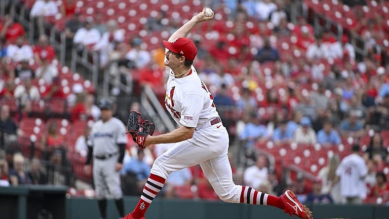 Jul 17, 2023; St. Louis, Missouri, USA;  St. Louis Cardinals starting pitcher Miles Mikolas (39) pitches against the Miami Marlins during the first inning at Busch Stadium. Mandatory Credit: Jeff Curry-USA TODAY Sports