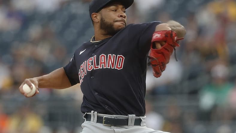Jul 17, 2023; Pittsburgh, Pennsylvania, USA; Cleveland Guardians starting pitcher Xzavion Curry (44) delivers a pitch against the Pittsburgh Pirates during the first inning at PNC Park. Mandatory Credit: Charles LeClaire-USA TODAY Sports