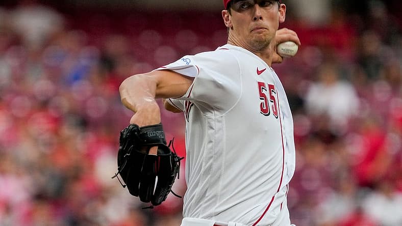 Cincinnati Reds starting pitcher Brandon Williamson (55) throws a pitch in the third inning of the MLB National League game between the Cincinnati Reds and the San Francisco Giants at Great American Ball Park in downtown Cincinnati on Monday, July 17, 2023. The game was tied 1-1 after five innings.