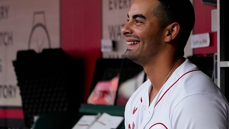 Cincinnati Reds designated hitter Christian Encarnacion-Strand (33) watches from the dugout in the first inning of the MLB National League game between the Cincinnati Reds and the San Francisco Giants at Great American Ball Park in downtown Cincinnati on Monday, July 17, 2023. The game was tied 1-1 after five innings.
