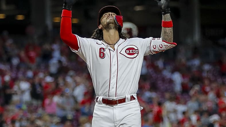 Jul 17, 2023; Cincinnati, Ohio, USA; Cincinnati Reds second baseman Jonathan India (6) reacts after hitting a solo home run in the seventh inning against the San Francisco Giants at Great American Ball Park. Mandatory Credit: Katie Stratman-USA TODAY Sports