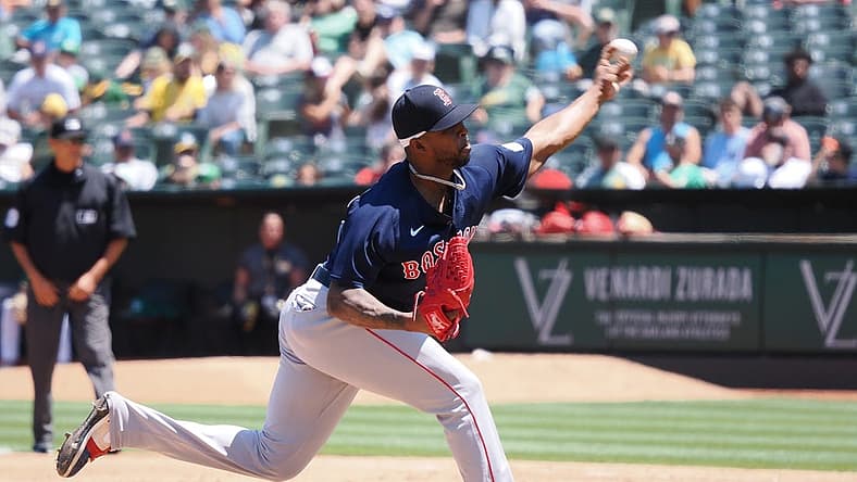 Jul 19, 2023; Oakland, California, USA; Boston Red Sox relief pitcher Joely Rodriguez (57) pitches the ball against the Oakland Athletics during the fifth inning at Oakland-Alameda County Coliseum. Mandatory Credit: Kelley L Cox-USA TODAY Sports
