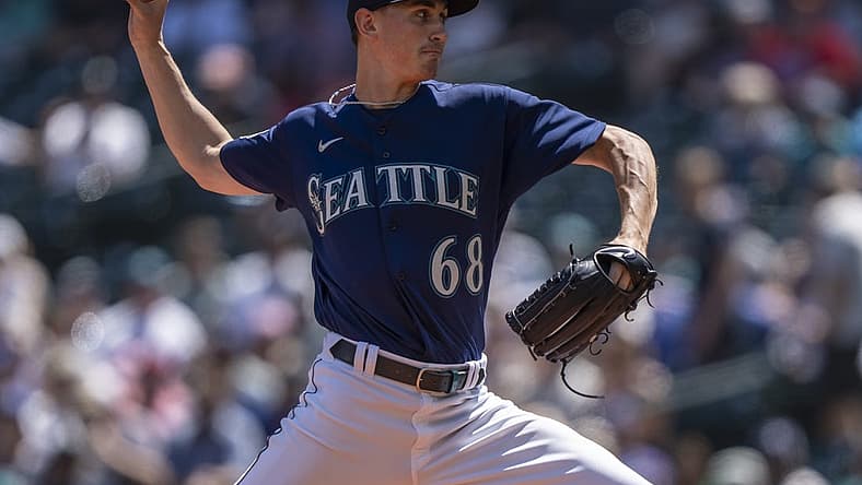 Jul 20, 2023; Seattle, Washington, USA; Seattle Mariners starting pitcher George Kirby (68) delivers a pitch during the first inning against the Minnesota Twins at T-Mobile Park. Mandatory Credit: Stephen Brashear-USA TODAY Sports