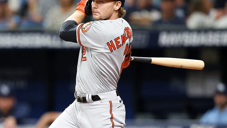 Jul 20, 2023; St. Petersburg, Florida, USA; Baltimore Orioles third baseman Gunnar Henderson (2) doubles against the Tampa Bay Rays in the fourth inning at Tropicana Field. Mandatory Credit: Nathan Ray Seebeck-USA TODAY Sports