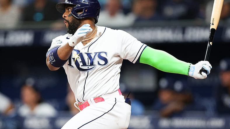 Jul 20, 2023; St. Petersburg, Florida, USA; Tampa Bay Rays designated hitter Yandy Diaz (2) hits a two rbi double against the Baltimore Orioles in the seventh inning at Tropicana Field. Mandatory Credit: Nathan Ray Seebeck-USA TODAY Sports