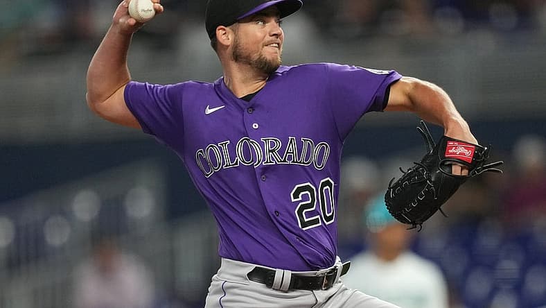 Jul 21, 2023; Miami, Florida, USA; Colorado Rockies pitcher Peter Lambert (20) pitches against the Miami Marlins in the first inning at loanDepot Park. Mandatory Credit: Jim Rassol-USA TODAY Sports
