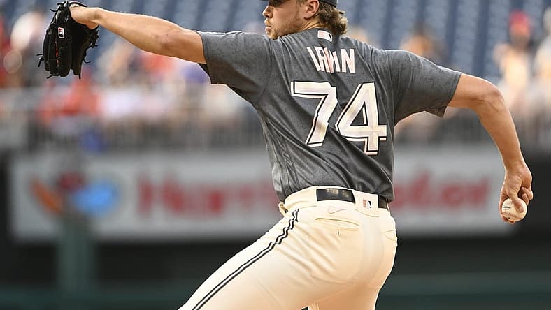 Jul 21, 2023; Washington, District of Columbia, USA; Washington Nationals starting pitcher Jake Irvin (74) throws to the San Francisco Giants during the first inning at Nationals Park. Mandatory Credit: Brad Mills-USA TODAY Sports