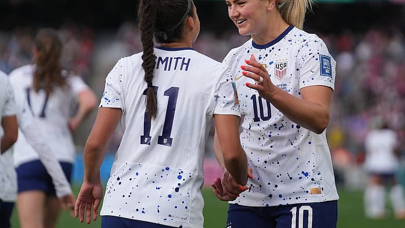 Jul 22, 2023; Auckland, NZL;  USA midfielder Lindsey Horan (10) celebrates with USA forward Sophia Smith (11) after scoring a goal against Vietnam in the second half of a group stage match in the 2023 FIFA Women's World Cup at Eden Park. Mandatory Credit: Jenna Watson-USA TODAY Sports