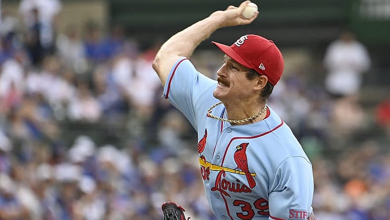 Jul 22, 2023; Chicago, Illinois, USA; St. Louis Cardinals starting pitcher Miles Mikolas (39) pitches against the Chicago Cubs during the first inning at Wrigley Field. Mandatory Credit: Matt Marton-USA TODAY Sports
