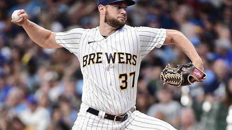 Jul 22, 2023; Milwaukee, Wisconsin, USA; Milwaukee Brewers pitcher Adrian Houser (37) pitches against the Atlanta Braves in the first inning at American Family Field. Mandatory Credit: Benny Sieu-USA TODAY Sports