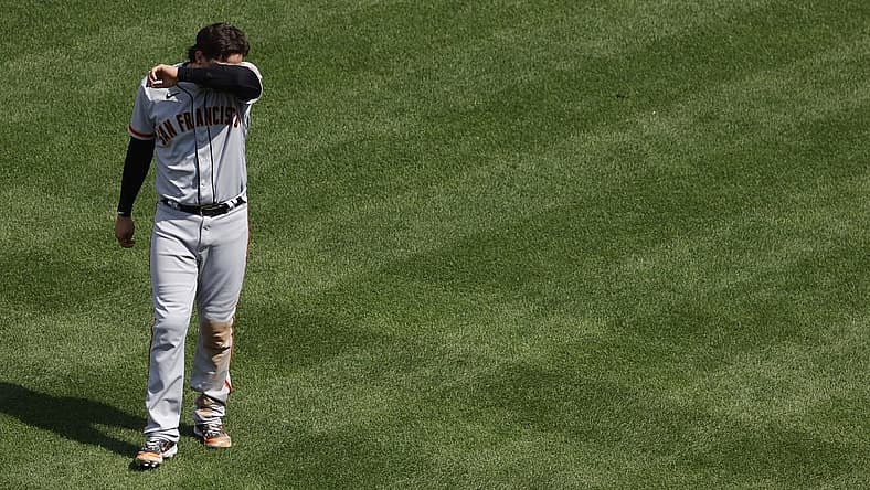 Jul 23, 2023; Washington, District of Columbia, USA; San Francisco Giants first baseman Wilmer Flores (41) reacts after being doubled up at first base Washington Nationals during the eighth inning at Nationals Park. Mandatory Credit: Geoff Burke-USA TODAY Sports