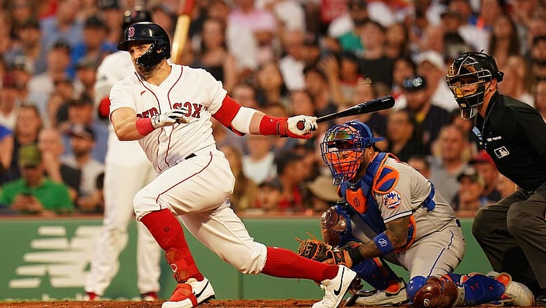Jul 23, 2023; Boston, Massachusetts, USA; Boston Red Sox center fielder Adam Duvall (18) hits a double to left field to drive in a run against the New York Mets in the third inning at Fenway Park. Mandatory Credit: David Butler II-USA TODAY Sports
