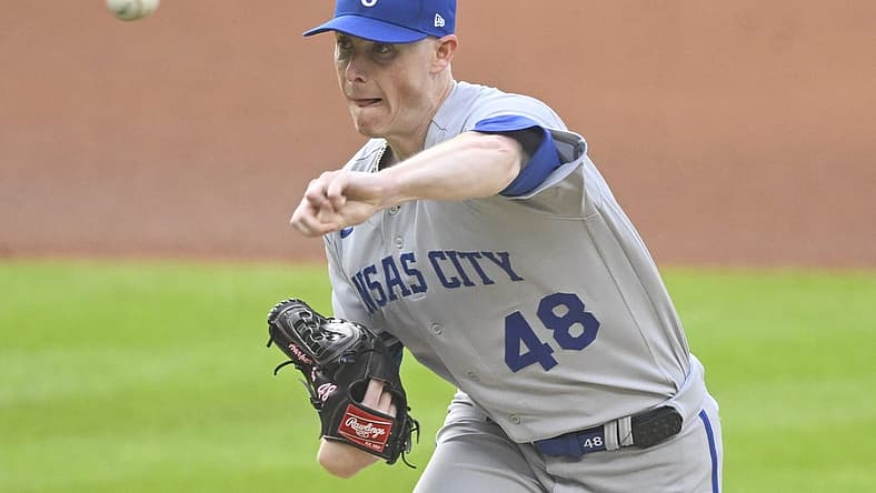 Jul 24, 2023; Cleveland, Ohio, USA; Kansas City Royals starting pitcher Ryan Yarbrough (48) delivers a pitch in the first inning against the Cleveland Guardians at Progressive Field. Mandatory Credit: David Richard-USA TODAY Sports