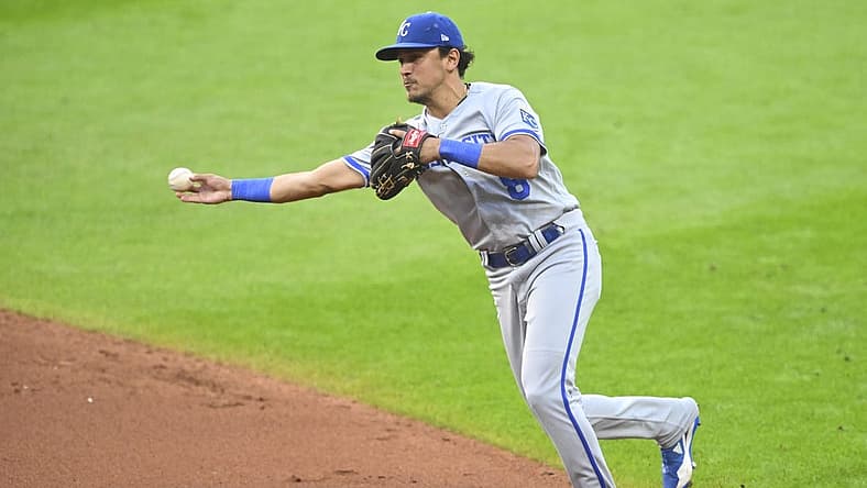 Jul 24, 2023; Cleveland, Ohio, USA; Kansas City Royals second baseman Nicky Lopez (8) throws to first base in the fourth inning against the Cleveland Guardians at Progressive Field. Mandatory Credit: David Richard-USA TODAY Sports