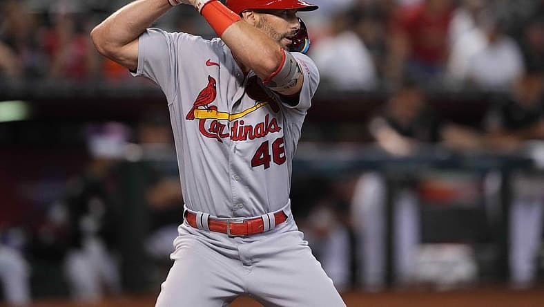 iJul 24, 2023; Phoenix, Arizona, USA; St. Louis Cardinals first baseman Paul Goldschmidt (46) bats against the Arizona Diamondbacks during the first inning at Chase Field. Mandatory Credit: Joe Camporeale-USA TODAY Sports