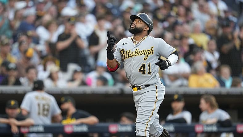 Jul 24, 2023; San Diego, California, USA; Pittsburgh Pirates first baseman Carlos Santana (41) reacts to his two run home run against the San Diego Padres during the third inning at Petco Park. Mandatory Credit: Ray Acevedo-USA TODAY Sports