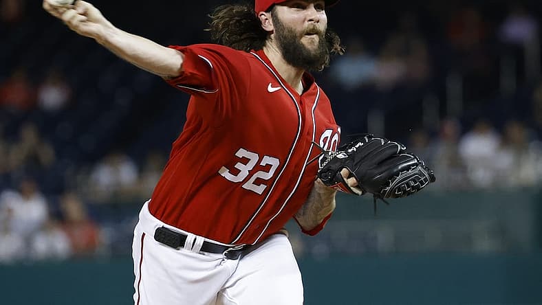 Jul 25, 2023; Washington, District of Columbia, USA; Washington Nationals starting pitcher Trevor Williams (32) pitches against the Colorado Rockies during the first inning at Nationals Park. Mandatory Credit: Geoff Burke-USA TODAY Sports