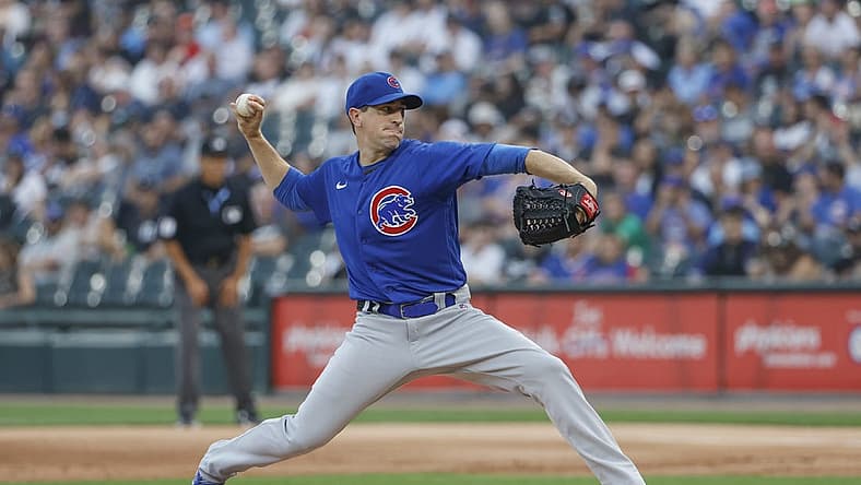 Jul 25, 2023; Chicago, Illinois, USA; Chicago Cubs starting pitcher Kyle Hendricks (28) delivers a pitch against the Chicago White Sox during the first inning at Guaranteed Rate Field. Mandatory Credit: Kamil Krzaczynski-USA TODAY Sports