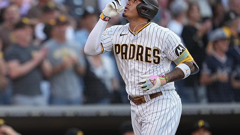 Jul 25, 2023; San Diego, California, USA; San Diego Padres third baseman Manny Machado (13) reacts to his home run against the Pittsburgh Pirates during the second inning at Petco Park. Mandatory Credit: Ray Acevedo-USA TODAY Sports