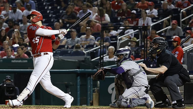 Jul 25, 2023; Washington, District of Columbia, USA; Washington Nationals designated hitter Joey Meneses (45) doubled against the Colorado Rockies during the fourth inning at Nationals Park. Mandatory Credit: Geoff Burke-USA TODAY Sports