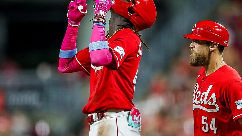 Jul 18, 2023; Cincinnati, Ohio, USA; Cincinnati Reds shortstop Elly De La Cruz (44) reacts after hitting a single in the fifth inning against the San Francisco Giants at Great American Ball Park. Mandatory Credit: Katie Stratman-USA TODAY Sports