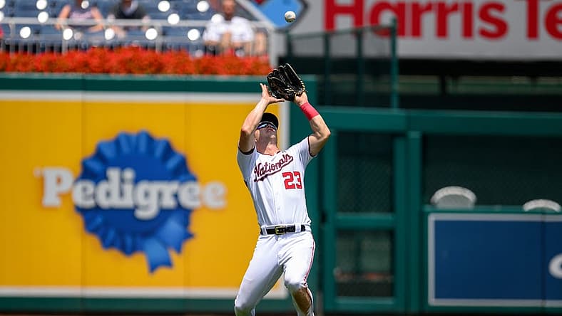 Jul 26, 2023; Washington, District of Columbia, USA; Washington Nationals left fielder Corey Dickerson (23) catches a fly ball during the sixth inning against the Colorado Rockies at Nationals Park. Mandatory Credit: Reggie Hildred-USA TODAY Sports