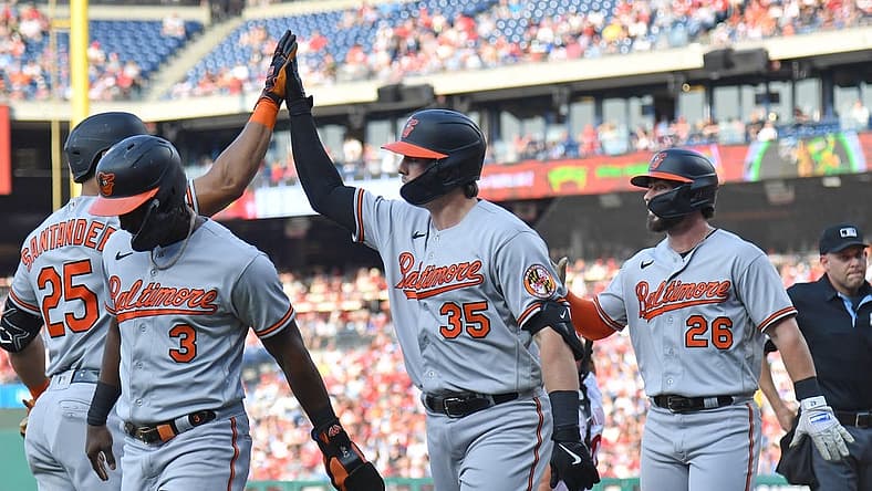 Jul 26, 2023; Philadelphia, Pennsylvania, USA; Baltimore Orioles catcher Adley Rutschman (35) celebrates his home run with teammates during the third inning against the Philadelphia Phillies at Citizens Bank Park. Mandatory Credit: Eric Hartline-USA TODAY Sports