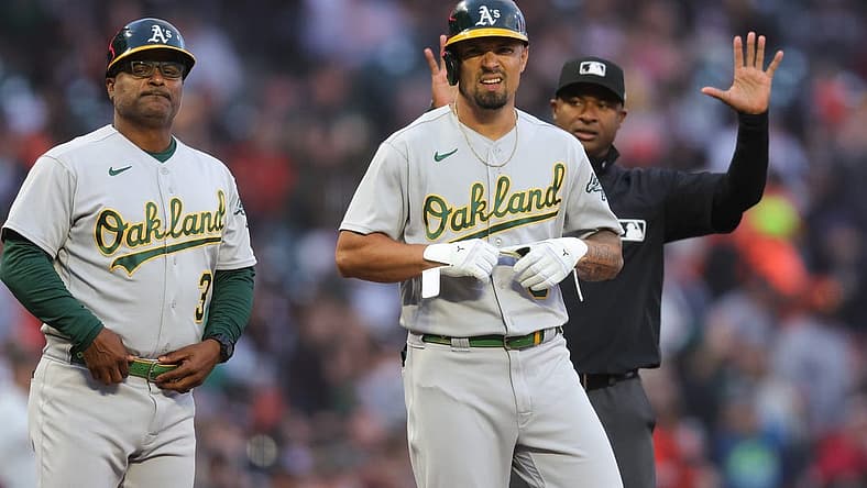 Jul 26, 2023; San Francisco, California, USA;  Oakland Athletics third baseman Jace Peterson (6) hits a two-RBI triple during the fourth inning against the San Francisco Giants at Oracle Park. Mandatory Credit: Sergio Estrada-USA TODAY Sports