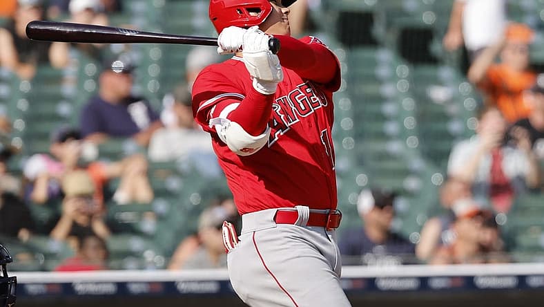 Jul 27, 2023; Detroit, Michigan, USA; Los Angeles Angels starting pitcher Shohei Ohtani (17) hits a home run in the fourth inning against the Detroit Tigers at Comerica Park. Mandatory Credit: Rick Osentoski-USA TODAY Sports