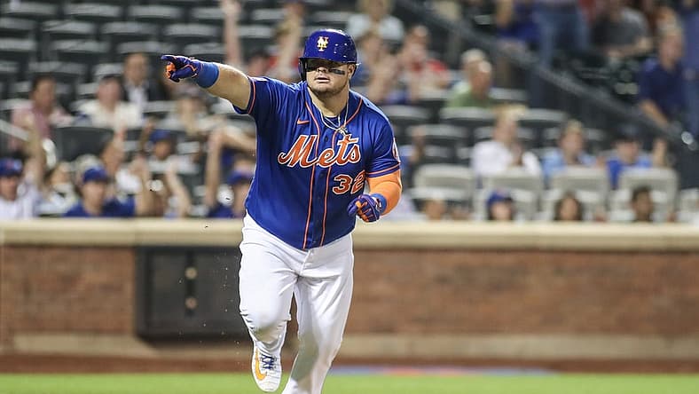 Jul 27, 2023; New York City, New York, USA; New York Mets designated hitter Daniel Vogelbach (32) points to the dugout after hitting a game-tying RBI single in the eighth inning against the Washington Nationals at Citi Field. Mandatory Credit: Wendell Cruz-USA TODAY Sports