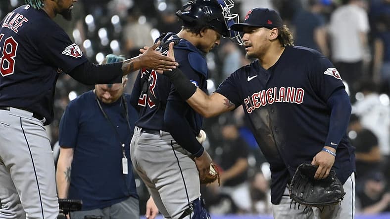 Jul 27, 2023; Chicago, Illinois, USA; Cleveland Guardians relief pitcher Emmanuel Clase (48) high fives first baseman Josh Naylor (22) after the game against the Chicago White Sox at Guaranteed Rate Field. Mandatory Credit: Matt Marton-USA TODAY Sports
