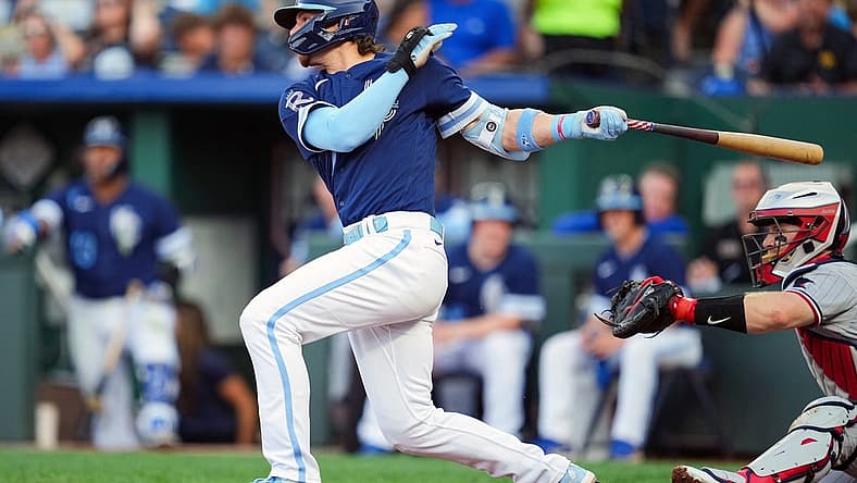 Jul 28, 2023; Kansas City, Missouri, USA; Kansas City Royals shortstop Bobby Witt Jr. (7) hits a single against the Minnesota Twins during the first inning at Kauffman Stadium. Mandatory Credit: Jay Biggerstaff-USA TODAY Sports