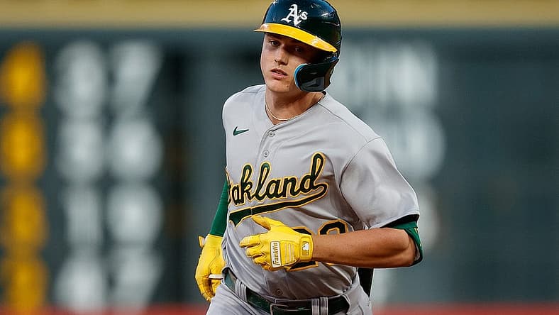 Jul 28, 2023; Denver, Colorado, USA; Oakland Athletics second baseman Zack Gelof (20) rounds the bases on a two run home run in the fifth inning against the Colorado Rockies at Coors Field. Mandatory Credit: Isaiah J. Downing-USA TODAY Sports