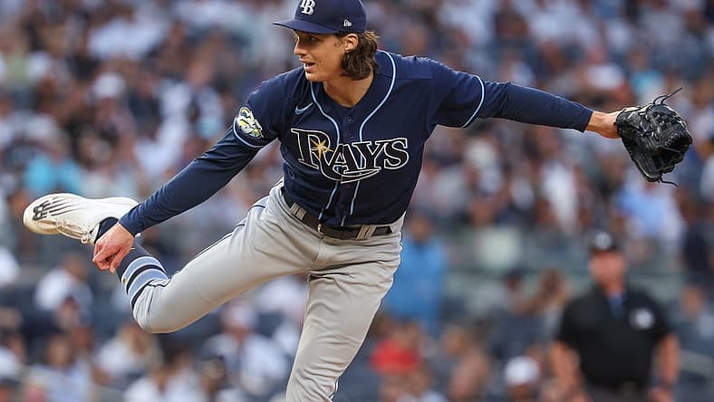 Jul 31, 2023; Bronx, New York, USA; Tampa Bay Rays starting pitcher Tyler Glasnow (20) delivers a pitch during the first inning against the New York Yankees at Yankee Stadium. Mandatory Credit: Vincent Carchietta-USA TODAY Sports