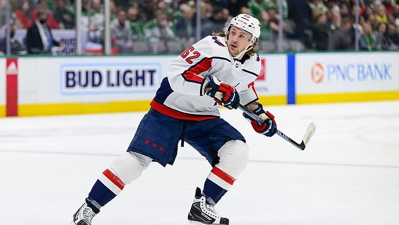 Jan 28, 2022; Dallas, Texas, USA; Washington Capitals left wing Carl Hagelin (62) in action during the game between the Washington Capitals and the Dallas Stars at the American Airlines Center. Mandatory Credit: Jerome Miron-USA TODAY Sports