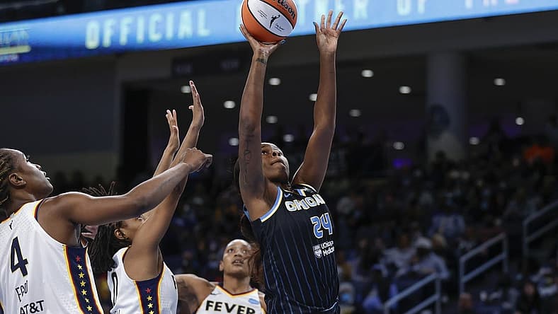 May 24, 2022; Chicago, Illinois, USA; Chicago Sky forward Ruthy Hebard (24) shoots against the Indiana Fever during the first half at Wintrust Arena. Mandatory Credit: Kamil Krzaczynski-USA TODAY Sports
