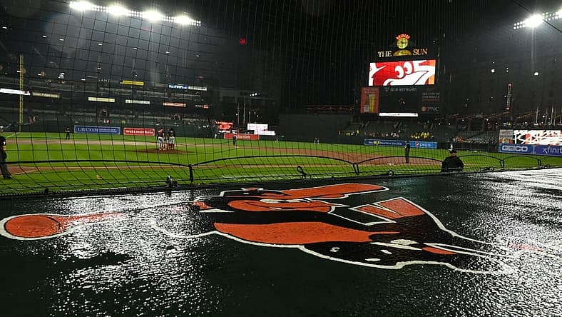 Jun 22, 2022; Baltimore, Maryland, USA;  A detail view of the Baltimore Orioles logo on top of the home dugout during the game Washington Nationals d at Oriole Park at Camden Yards. Baltimore Orioles defeated Washington Nationals 7-0 in a rain shorten game. Mandatory Credit: Tommy Gilligan-USA TODAY Sports