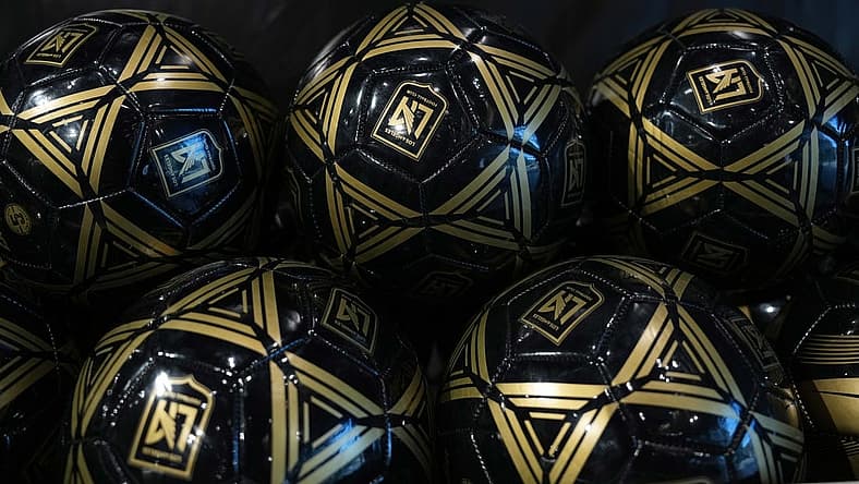 Nov 1, 2022; Los Angeles, California, USA; Los Angeles FC logo soccer balls at the LAFC HQ store at Banc of California Stadium. Mandatory Credit: Kirby Lee-USA TODAY Sports